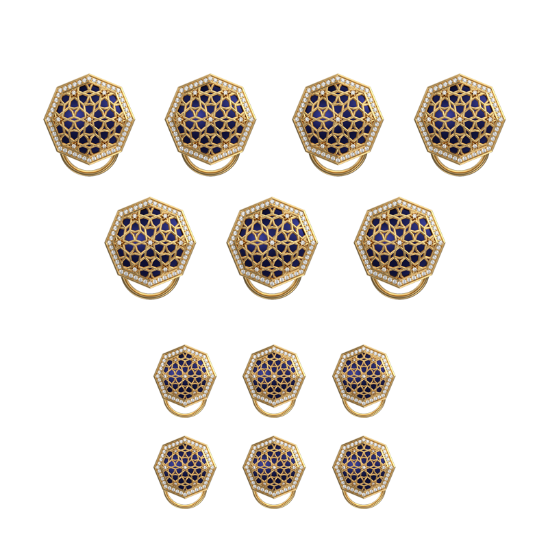 Starburst Luxe, Classic Button Set with CZ Diamonds, 18kt Gold Plating and Enamel on Brass.