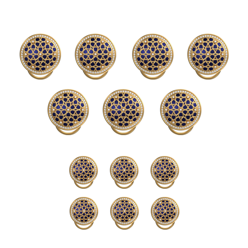 Starburst Luxe, Classic Button Set with CZ Diamonds, 18kt Gold Plating and Enamel on Brass.
