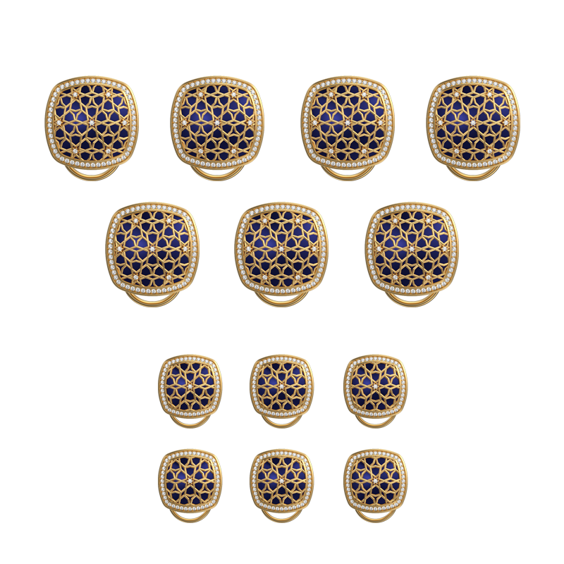 Starburst Luxe, Classic Button Set with CZ Diamonds, 18kt Gold Plating and Enamel on Brass.