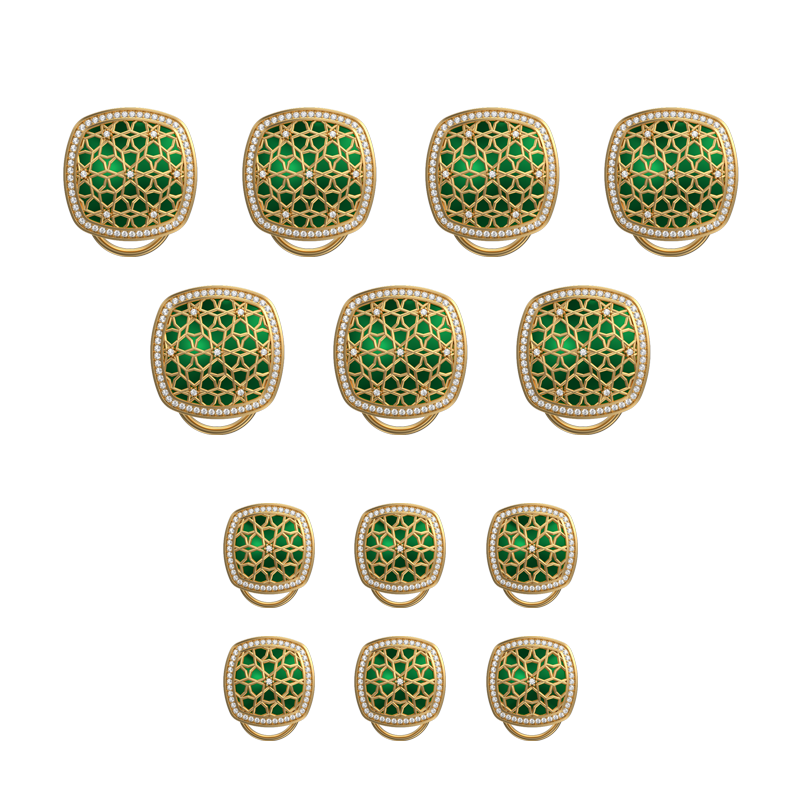Starburst Luxe, Classic Button Set with CZ Diamonds, 18kt Gold Plating and Enamel on Brass.