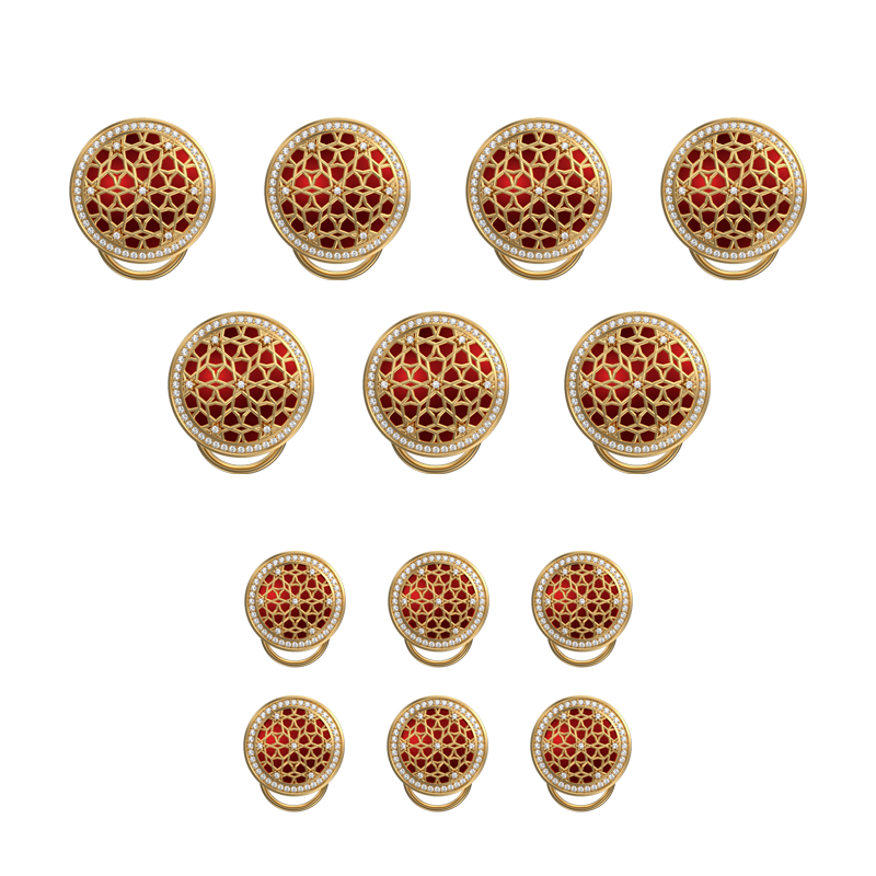 Starburst Luxe, Classic Button Set with CZ Diamonds, 18kt Gold Plating and Enamel on Brass.
