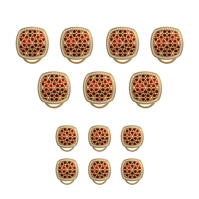 Starburst Luxe, Classic Button Set with CZ Diamonds, 18kt Gold Plating and Enamel on Brass.