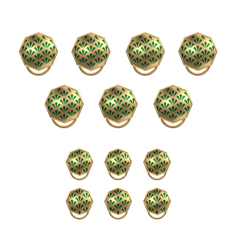 Bloom, Classic Button Set with 18kt Gold Plating and Enamel on Brass.