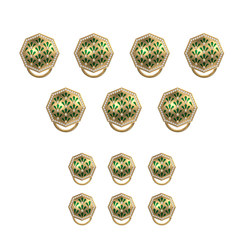 Bloom Luxe, Classic Button Set with CZ Diamonds, 18kt Gold Plating and Enamel on Brass.