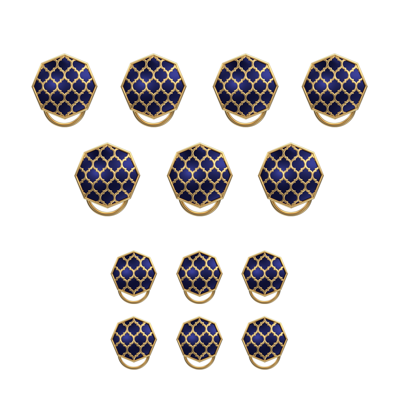 Ornate, Classic Button Set with 18kt Gold Plating and Enamel on Brass.