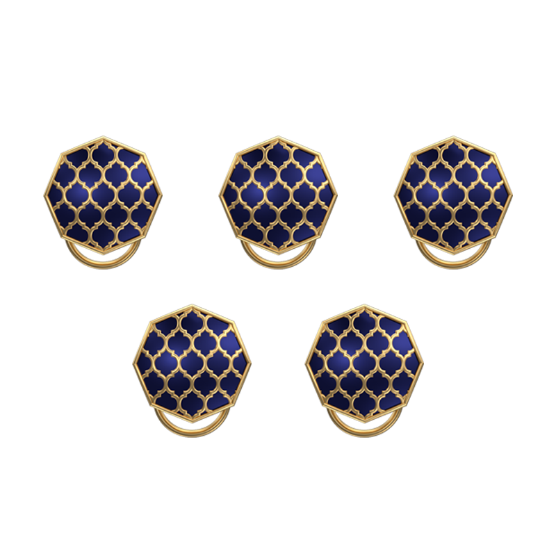 Ornate, Classic Button Set with 18kt Gold Plating and Enamel on Brass.