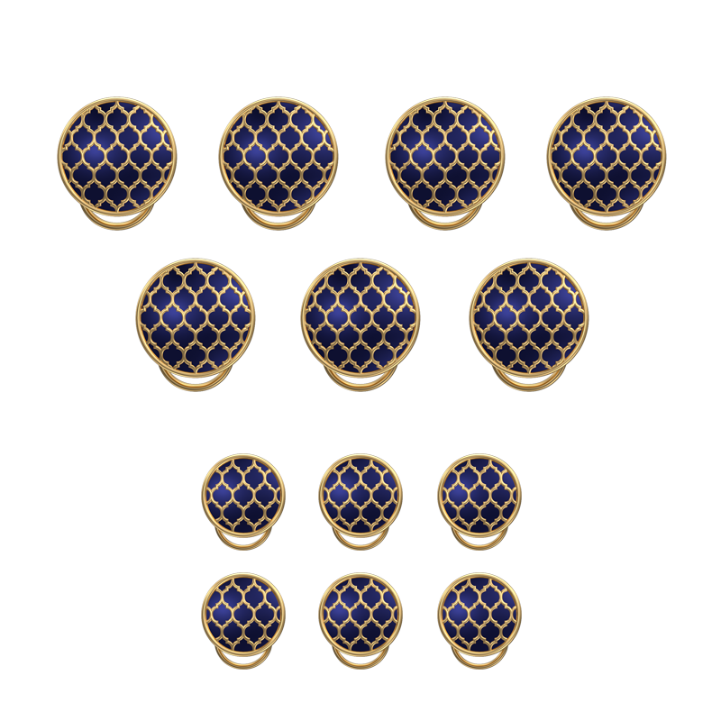 Ornate, Classic Button Set with 18kt Gold Plating and Enamel on Brass.