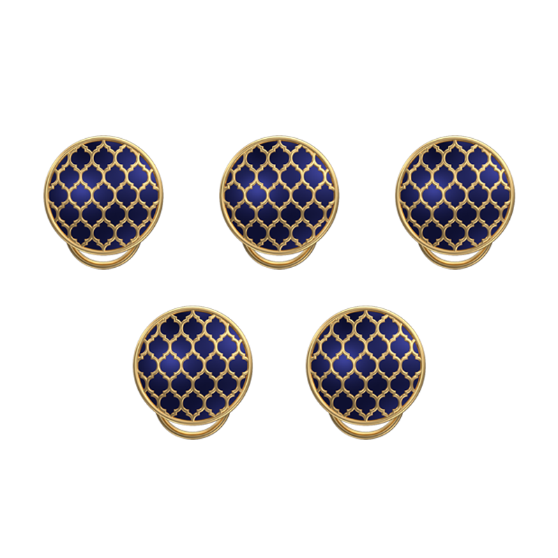 Ornate, Classic Button Set with 18kt Gold Plating and Enamel on Brass.