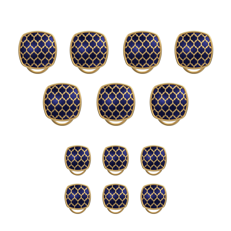 Ornate, Classic Button Set with 18kt Gold Plating and Enamel on Brass.