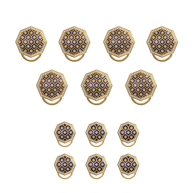 Ornate Luxe, Classic Button Set with CZ Diamonds, 18kt Gold Plating and Enamel on Brass.