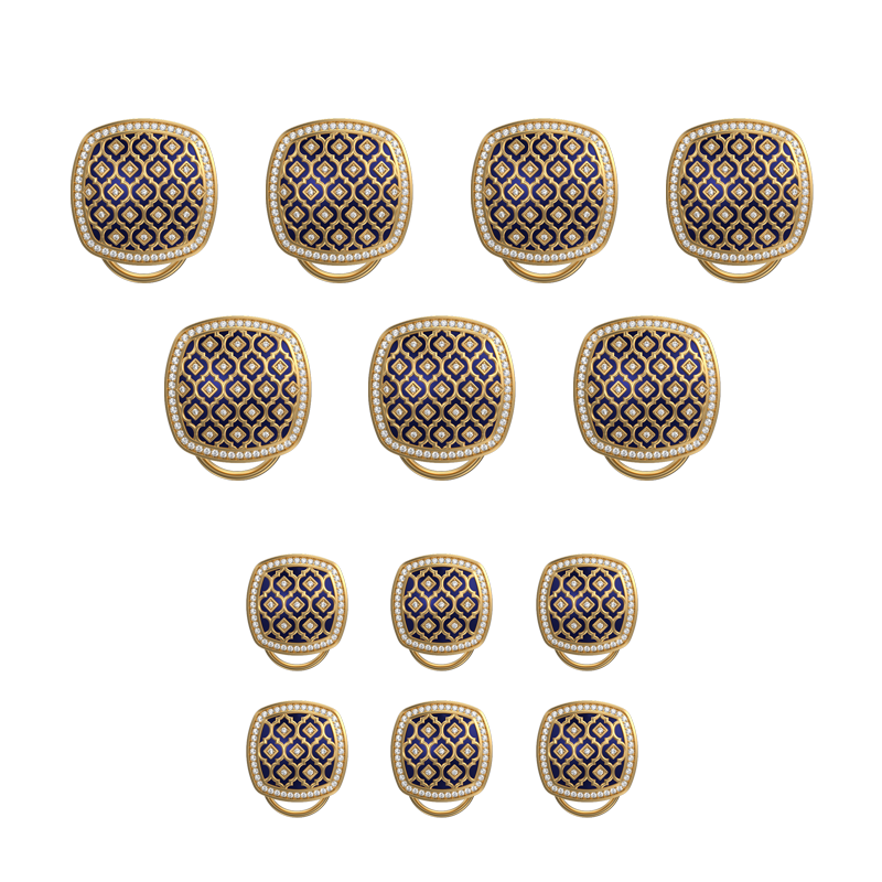 Ornate Luxe, Classic Button Set with CZ Diamonds, 18kt Gold Plating and Enamel on Brass.