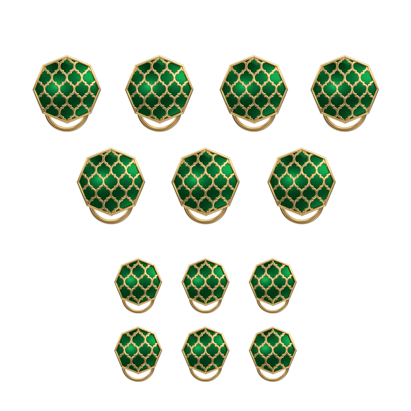 Ornate, Classic Button Set with 18kt Gold Plating and Enamel on Brass.
