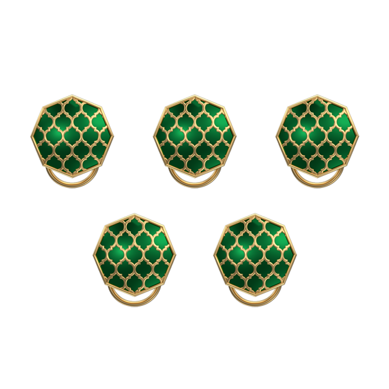 Ornate, Classic Button Set with 18kt Gold Plating and Enamel on Brass.