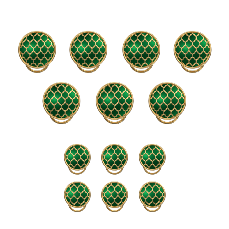 Ornate, Classic Button Set with 18kt Gold Plating and Enamel on Brass.