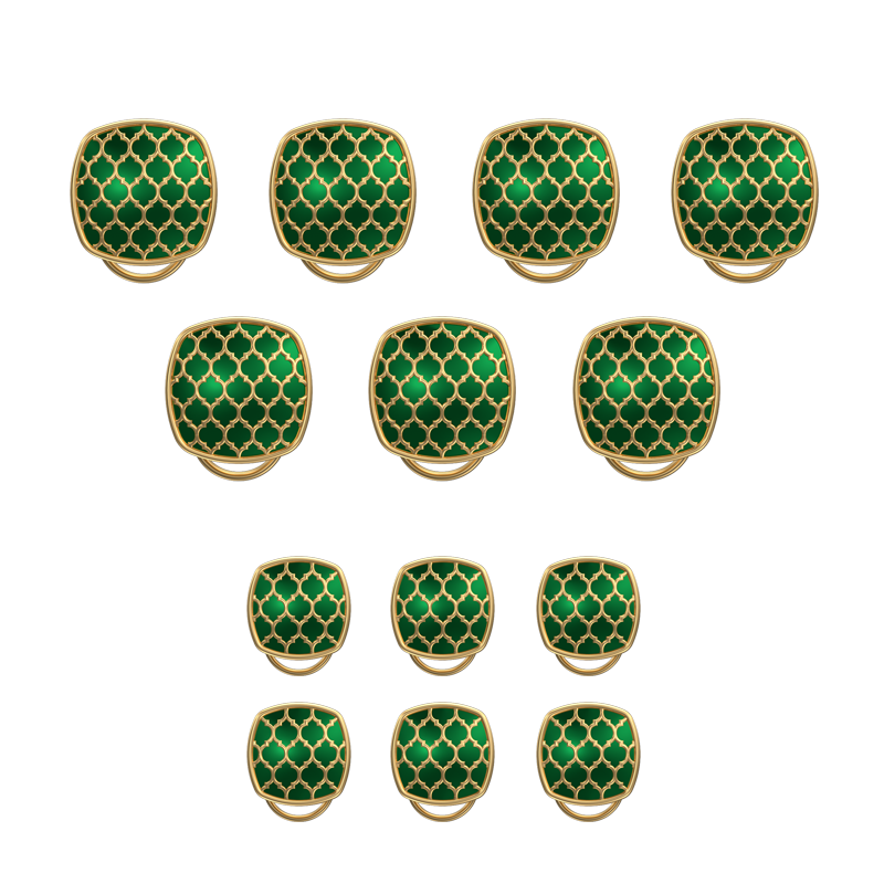Ornate, Classic Button Set with 18kt Gold Plating and Enamel on Brass.