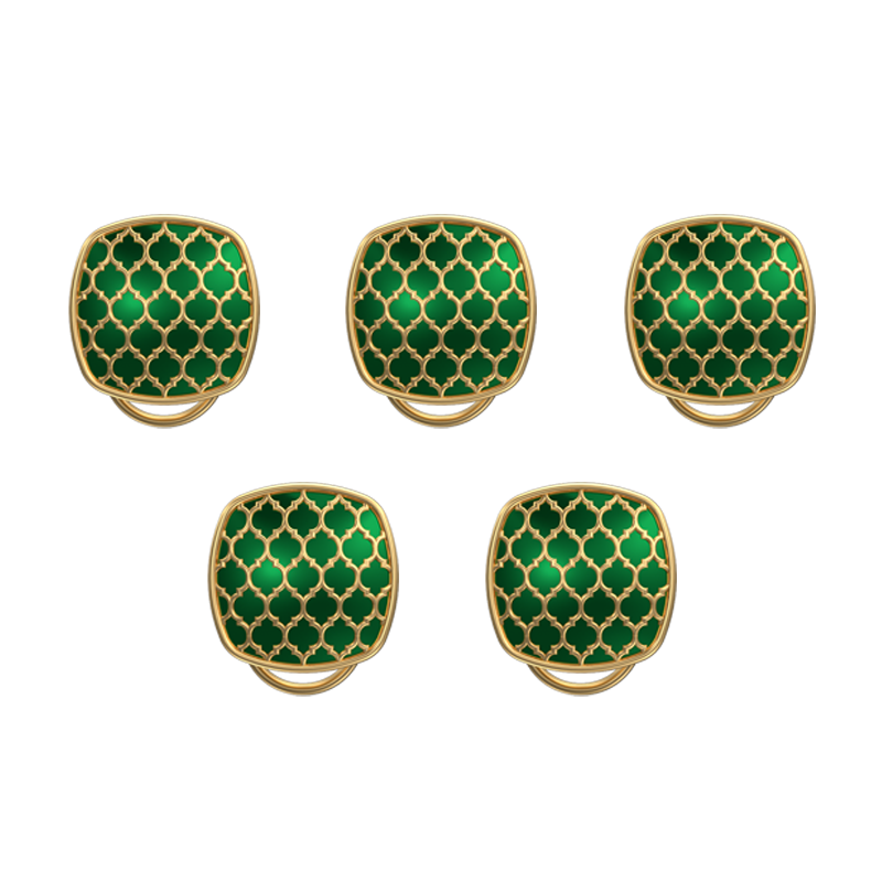 Ornate, Classic Button Set with 18kt Gold Plating and Enamel on Brass.