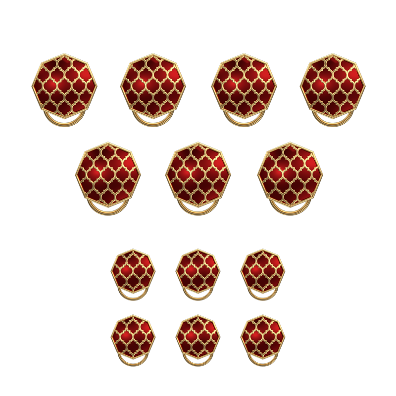 Ornate, Classic Button Set with 18kt Gold Plating and Enamel on Brass.
