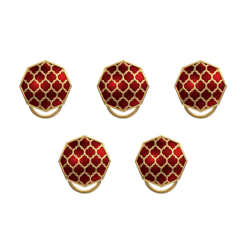 Ornate, Classic Button Set with 18kt Gold Plating and Enamel on Brass.