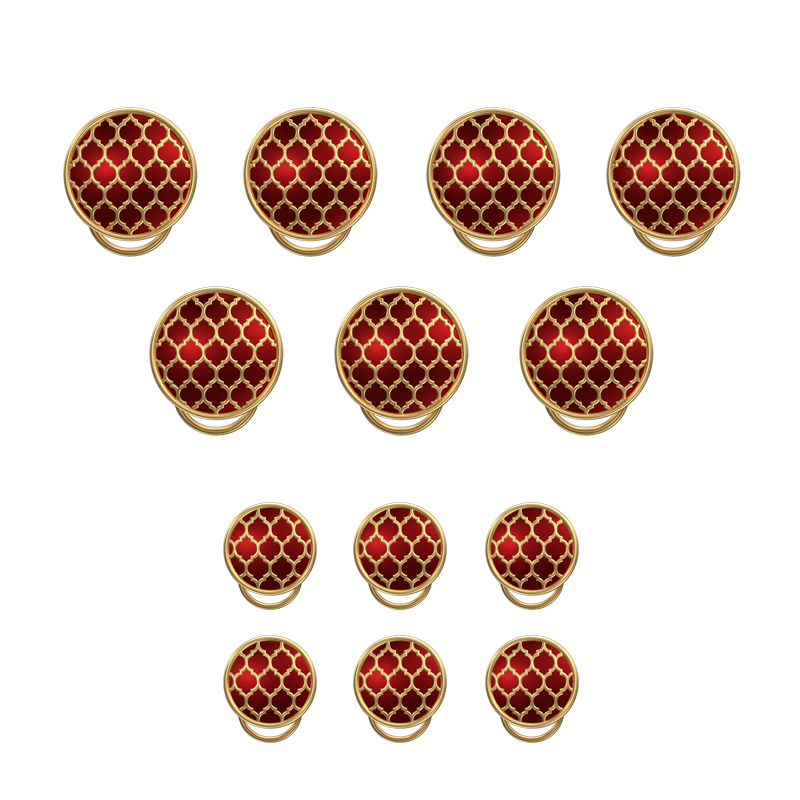 Ornate, Classic Button Set with 18kt Gold Plating and Enamel on Brass.