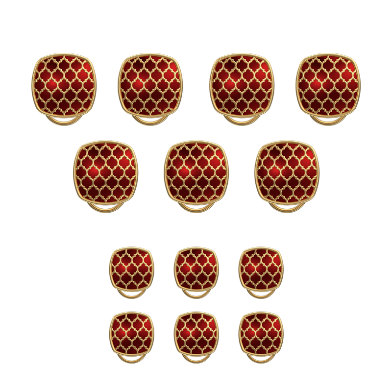 Ornate, Classic Button Set with 18kt Gold Plating and Enamel on Brass.