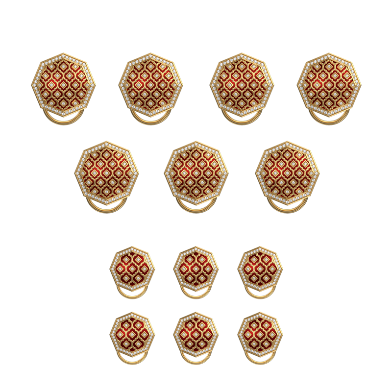 Ornate Luxe, Classic Button Set with CZ Diamonds, 18kt Gold Plating and Enamel on Brass.