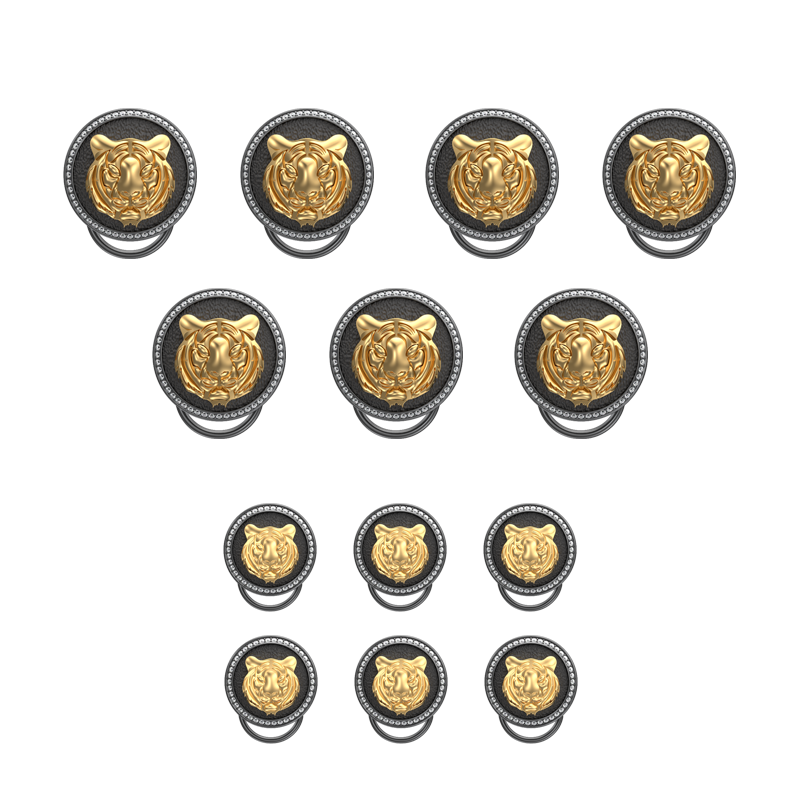 Tiger Luxe, Wild Button set with CZ Diamonds, 18kt Gold & Black Ruthenium Plating on Brass.