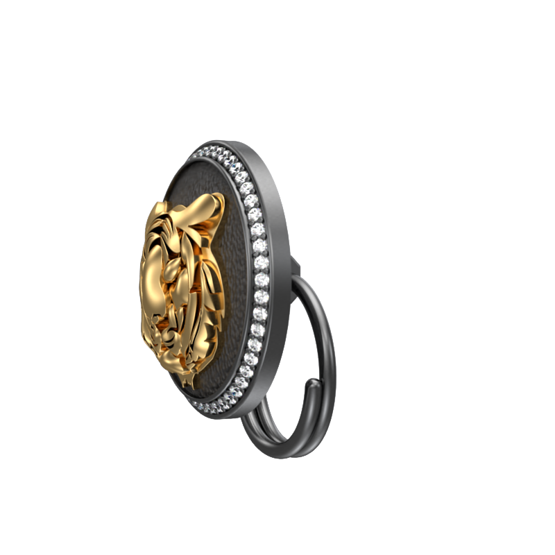 Tiger Luxe, Wild Button set with CZ Diamonds, 18kt Gold & Black Ruthenium Plating on Brass.