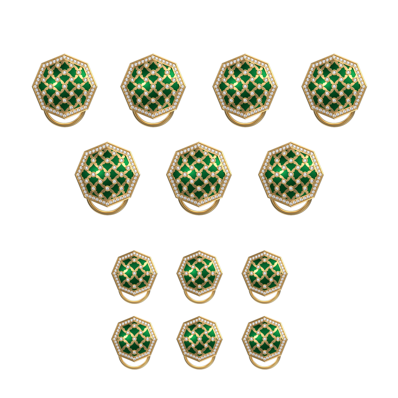Enchanted Luxe, Classic Button Set with CZ Diamonds, 18kt Gold Plating and Enamel on Brass.