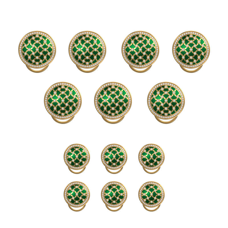 Enchanted Luxe, Classic Button Set with CZ Diamonds, 18kt Gold Plating and Enamel on Brass.