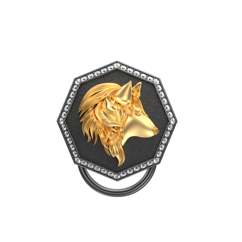 Wolf Luxe, Wild Button set with CZ Diamonds, 18kt Gold & Black Ruthenium Plating on Brass.