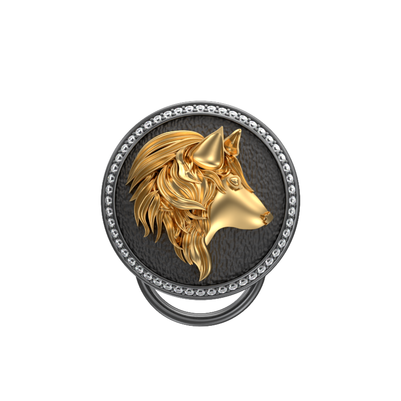 Wolf Luxe, Wild Button set with CZ Diamonds, 18kt Gold & Black Ruthenium Plating on Brass.