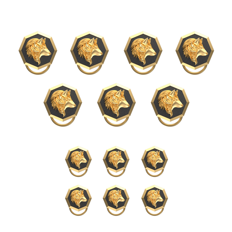 Wolf, Wild Button set with 18kt Gold & Black Ruthenium Plating on Brass.