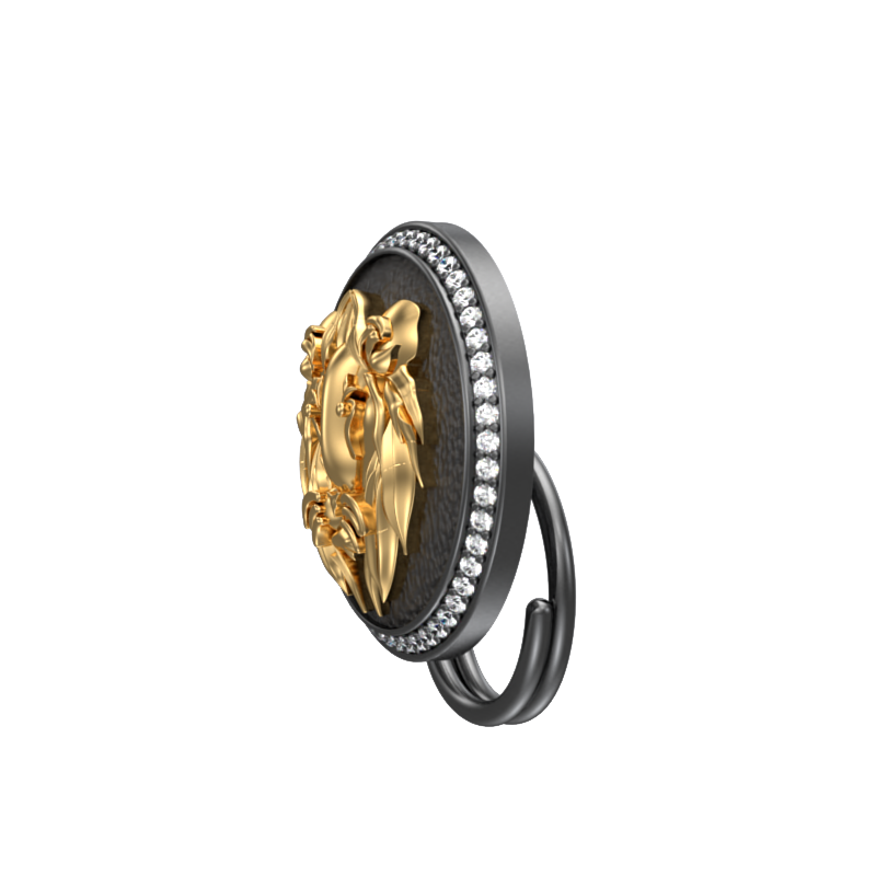 Lion Luxe, Wild Button set with CZ Diamonds, 18kt Gold & Black Ruthenium Plating on Brass.