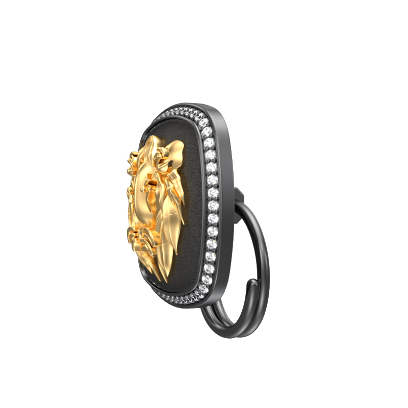 Lion Luxe, Wild Button set with CZ Diamonds, 18kt Gold & Black Ruthenium Plating on Brass.