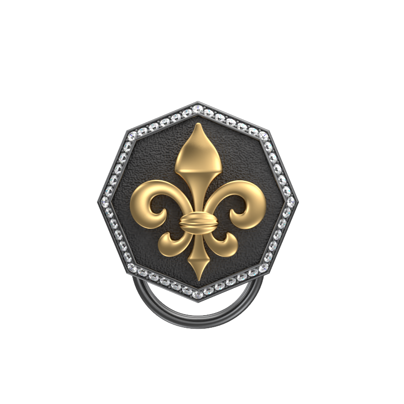 Fleur di lis Luxe, Spiritual Button set with CZ Diamonds, 18kt Gold & Black Ruthenium Plating on Brass.