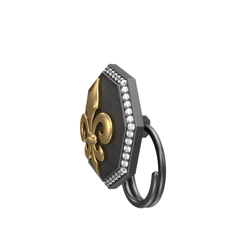 Fleur di lis Luxe, Spiritual Button set with CZ Diamonds, 18kt Gold & Black Ruthenium Plating on Brass.