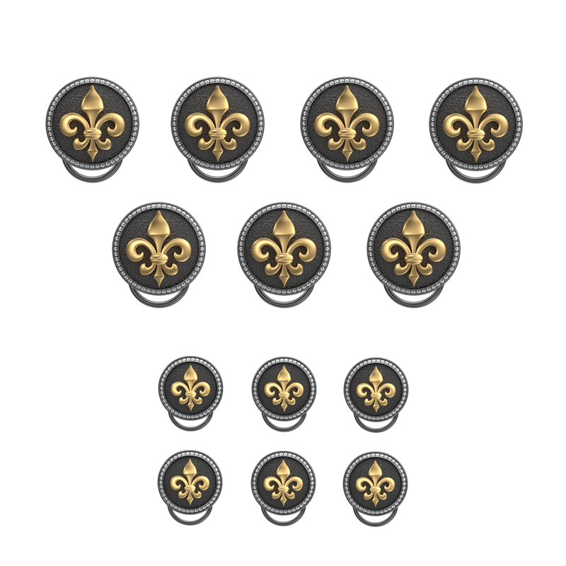 Fleur di lis Luxe, Spiritual Button set with CZ Diamonds, 18kt Gold & Black Ruthenium Plating on Brass.