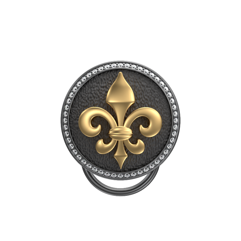 Fleur di lis Luxe, Spiritual Button set with CZ Diamonds, 18kt Gold & Black Ruthenium Plating on Brass.