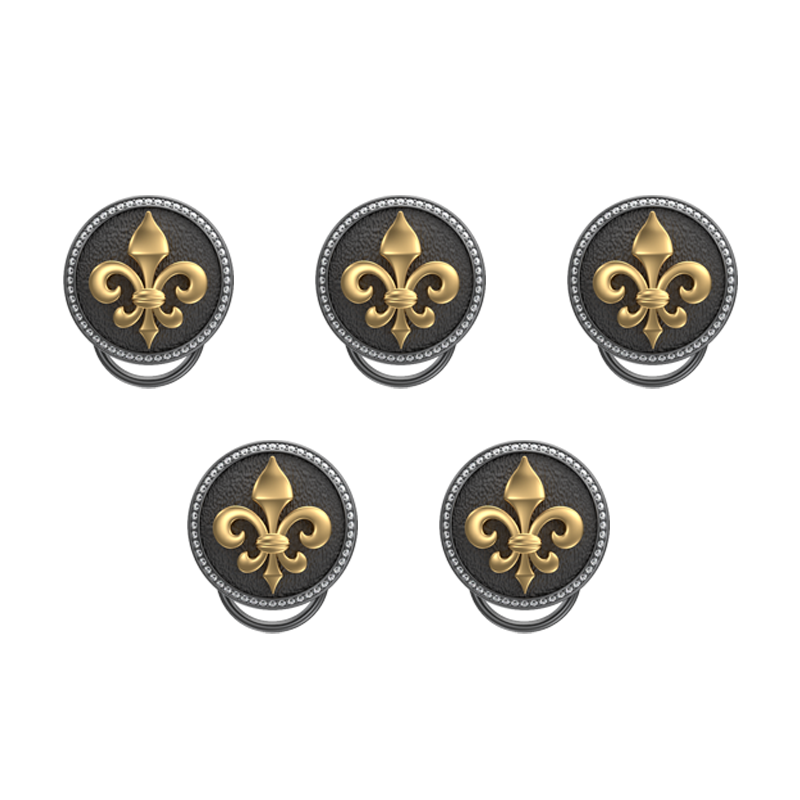 Fleur di lis Luxe, Spiritual Button set with CZ Diamonds, 18kt Gold & Black Ruthenium Plating on Brass.