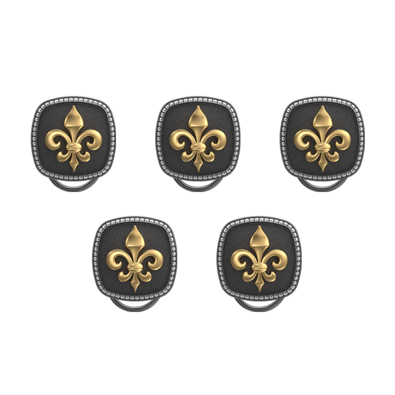 Fleur di lis Luxe, Spiritual Button set with CZ Diamonds, 18kt Gold & Black Ruthenium Plating on Brass.
