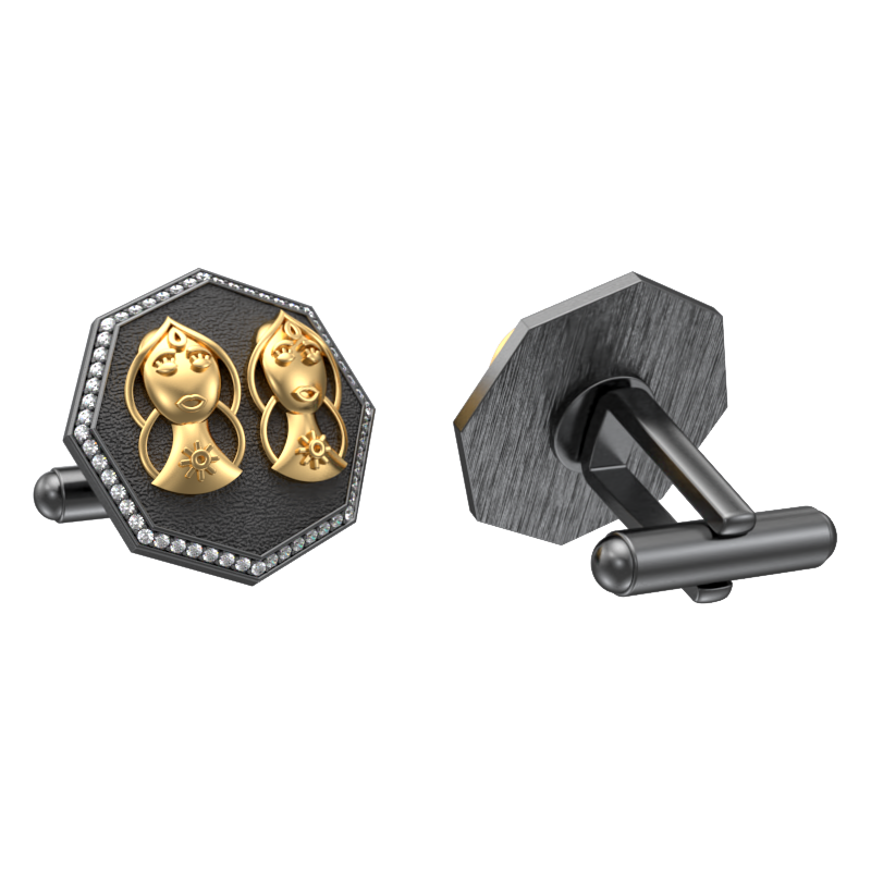 Gemini Zodiac Luxe, Constellation Cufflink Set with CZ Diamonds, 18kt Gold & Black Ruthenium Plating on Brass