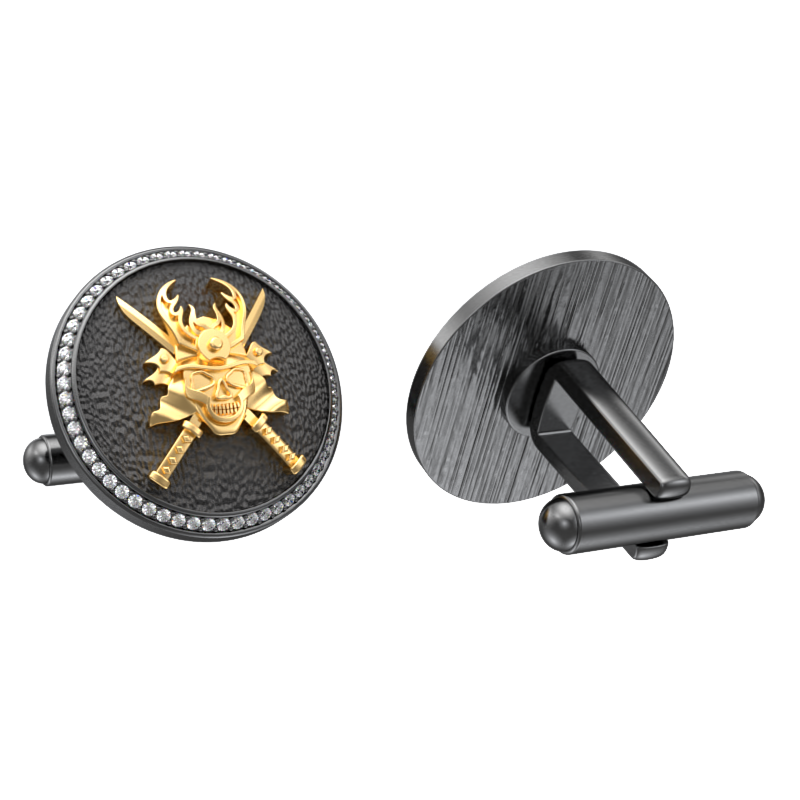 Skull King Luxe, Edgy Cufflink Set with CZ Diamonds, 18kt Gold & Black Ruthenium Plating on Brass.