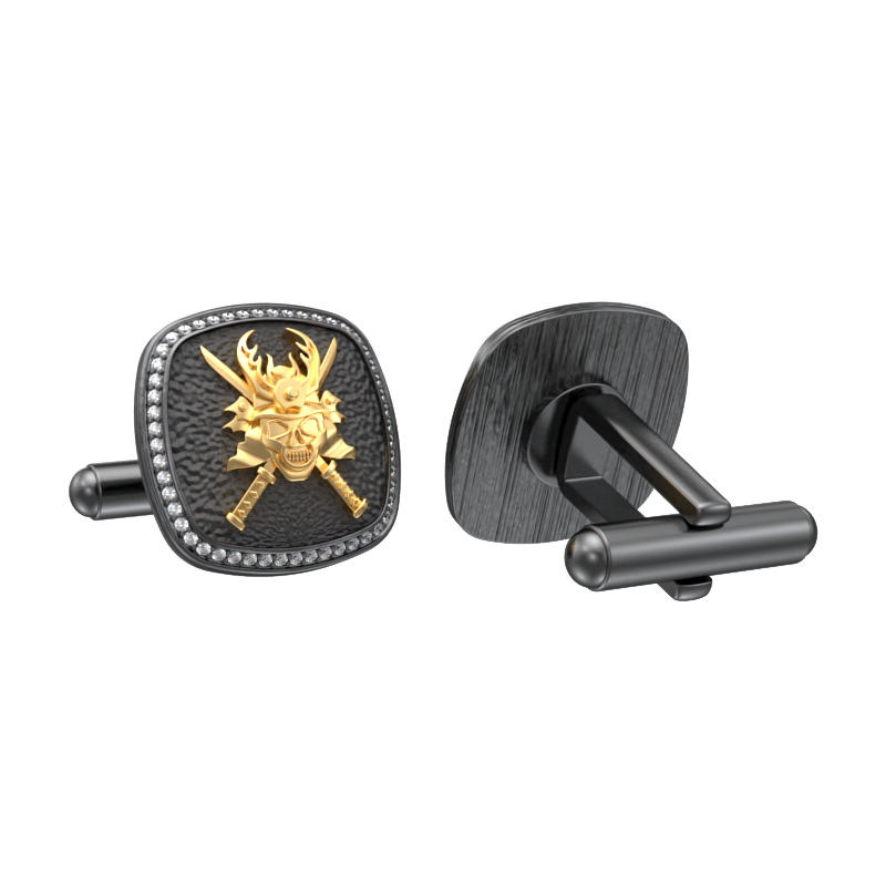 Skull King Luxe, Edgy Cufflink Set with CZ Diamonds, 18kt Gold & Black Ruthenium Plating on Brass.