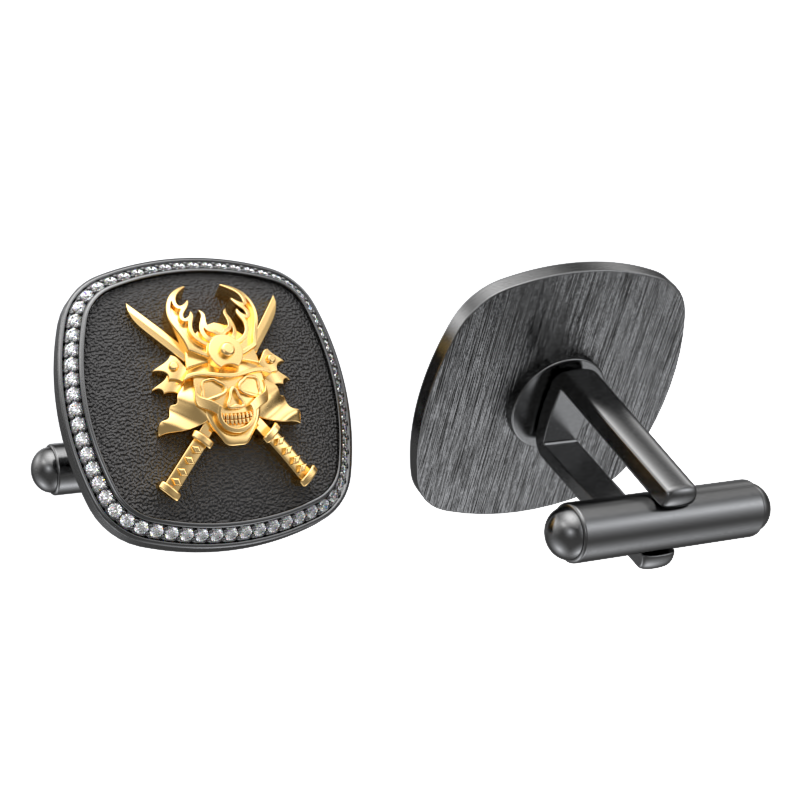 Skull King Luxe, Edgy Cufflink Set with CZ Diamonds, 18kt Gold & Black Ruthenium Plating on Brass.