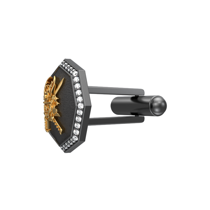 Skull King Luxe, Edgy Cufflink Set with CZ Diamonds, 18kt Gold & Black Ruthenium Plating on Brass.