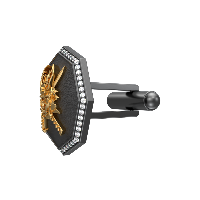 Skull King Luxe, Edgy Cufflink Set with CZ Diamonds, 18kt Gold & Black Ruthenium Plating on Brass.