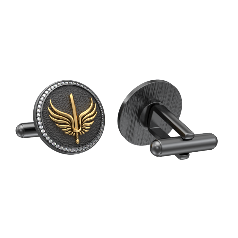Viking Sword Luxe, Edgy Cufflink Set with CZ Diamonds, 18kt Gold & Black Ruthenium Plating on Brass.