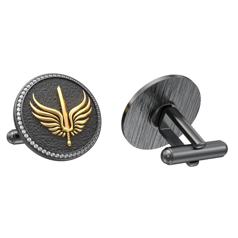 Viking Sword Luxe, Edgy Cufflink Set with CZ Diamonds, 18kt Gold & Black Ruthenium Plating on Brass.