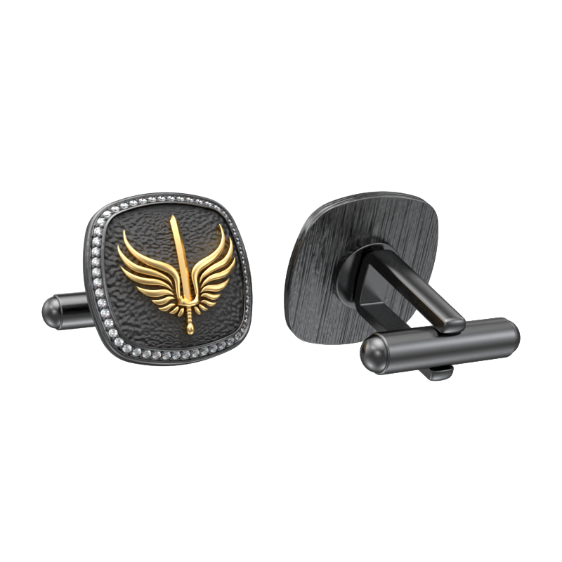 Viking Sword Luxe, Edgy Cufflink Set with CZ Diamonds, 18kt Gold & Black Ruthenium Plating on Brass.