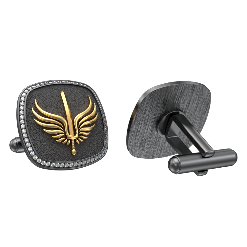 Viking Sword Luxe, Edgy Cufflink Set with CZ Diamonds, 18kt Gold & Black Ruthenium Plating on Brass.